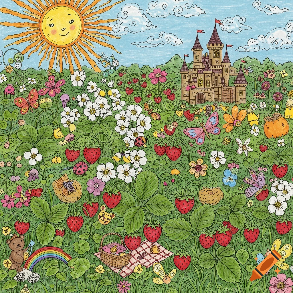 Detailed coloring book scene of a sunny meadow with strawberries, flowers, butterflies, a castle, and a picnic.