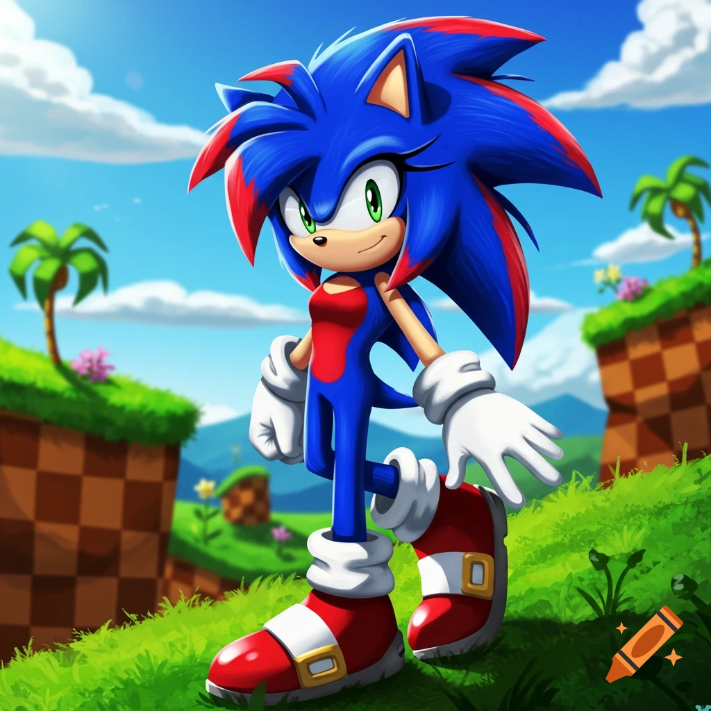 Female Sonic character with blue and red quills stands in a bright Green Hill Zone landscape.
