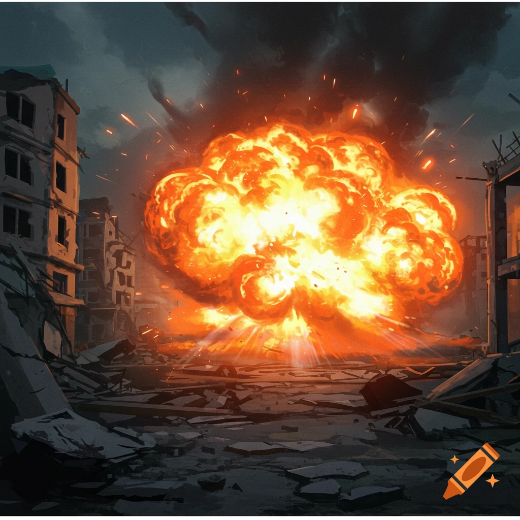 Large explosion in a destroyed city with buildings in ruins, illustration style.