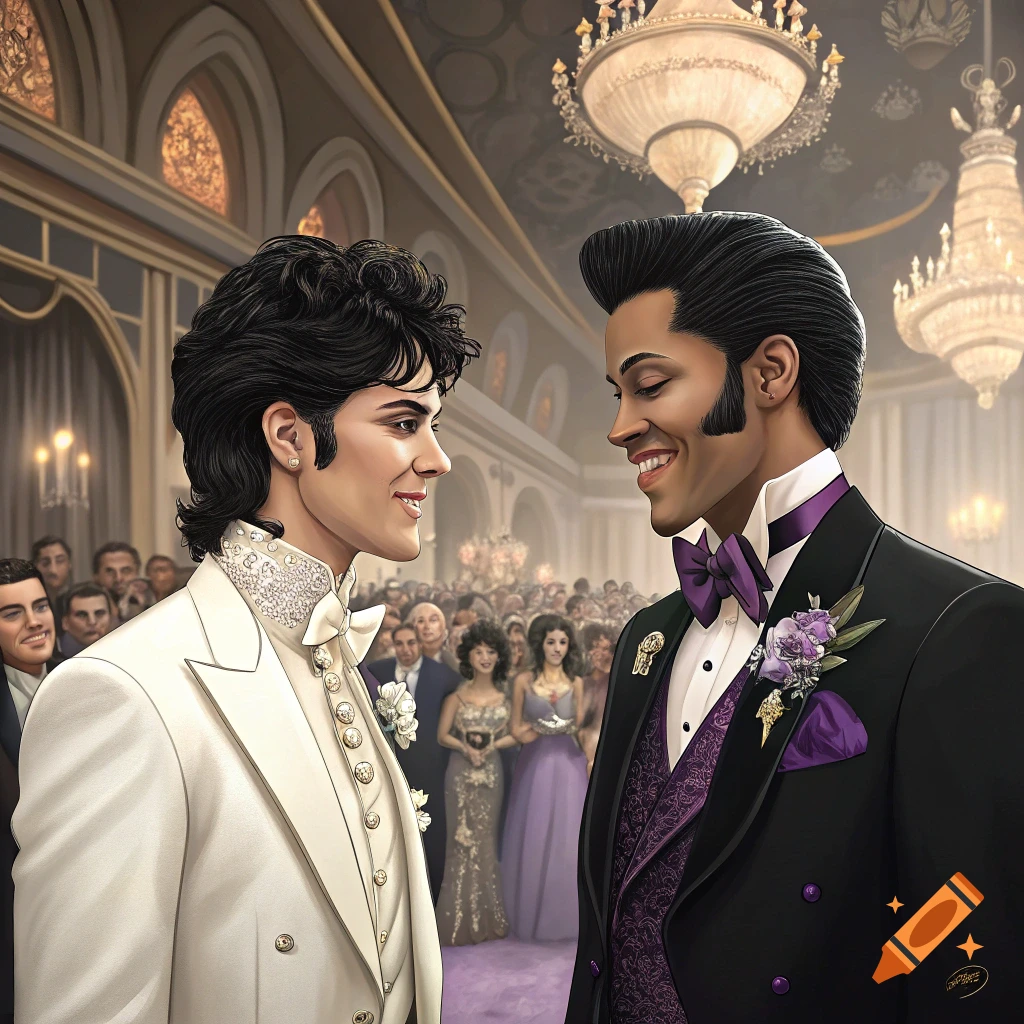 Two men in formal suits stand smiling at each other at a wedding ceremony.