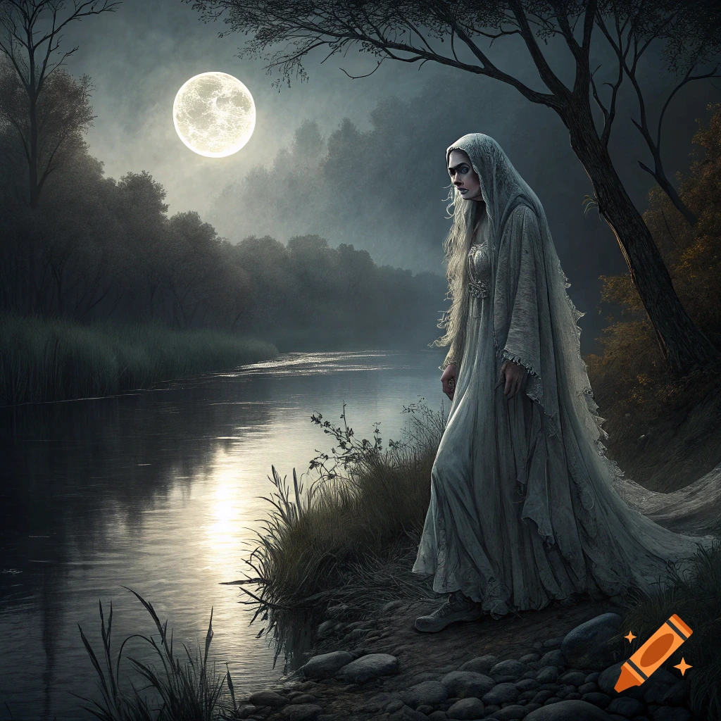 Ghostly woman in a long white dress by a river under a full moon at night.