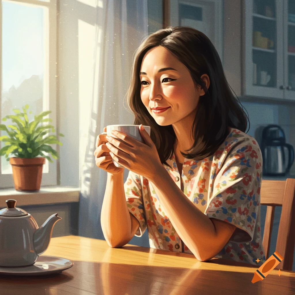 A woman smiles while drinking tea at a table bathed in sunlight