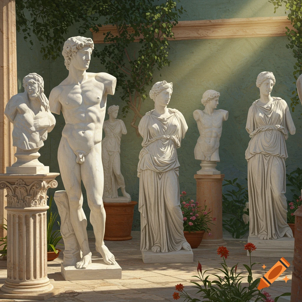 Ancient Greek statues in a sunny courtyard
