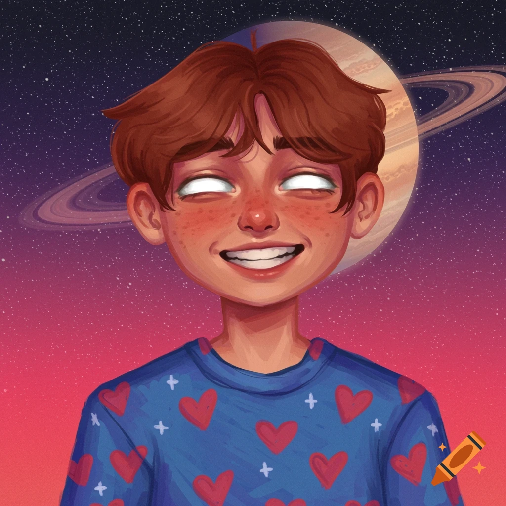 Stylized illustration of a smiling person with white eyes and freckles, wearing a heart shirt, against a space background with Saturn.