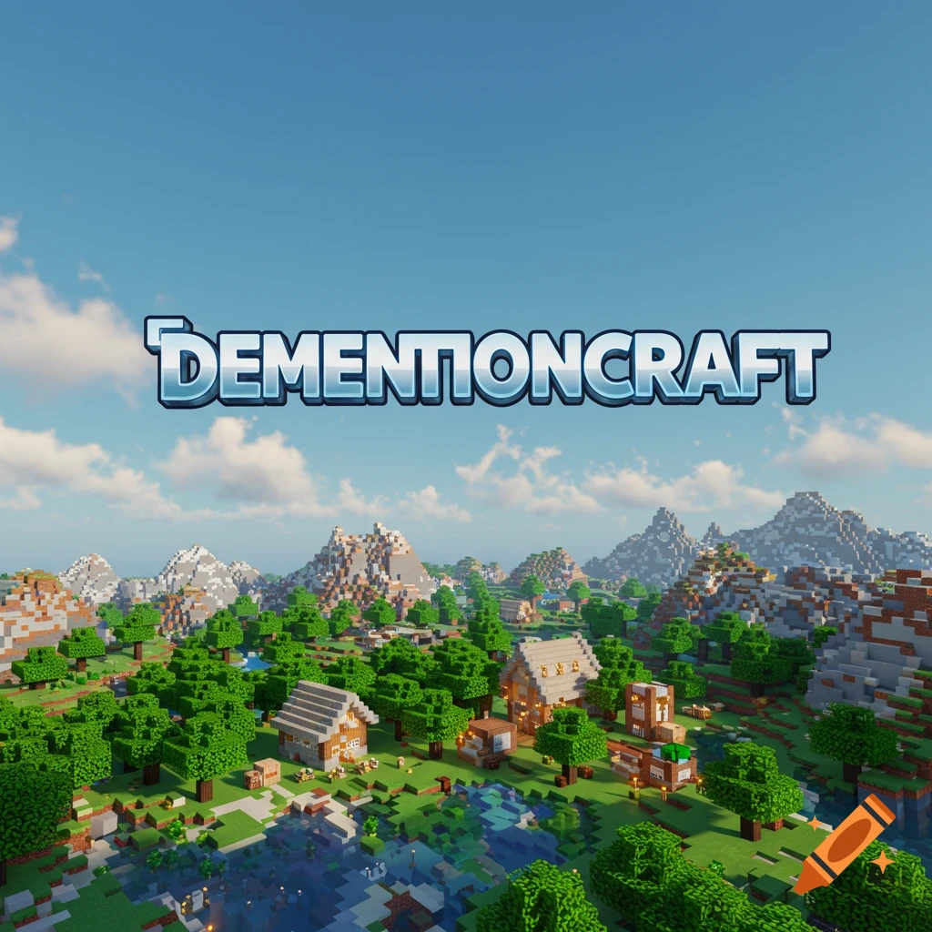 Minecraft landscape with mountains, trees, houses, and water under a blue sky, with the text DEMENTIONCRAFT