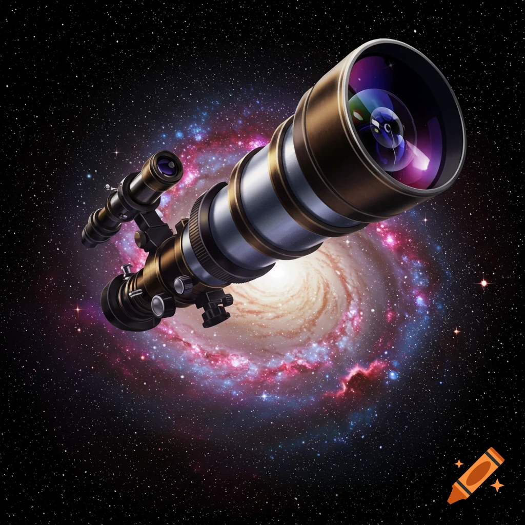 A detailed telescope points towards a vibrant spiral galaxy in the dark expanse of space.