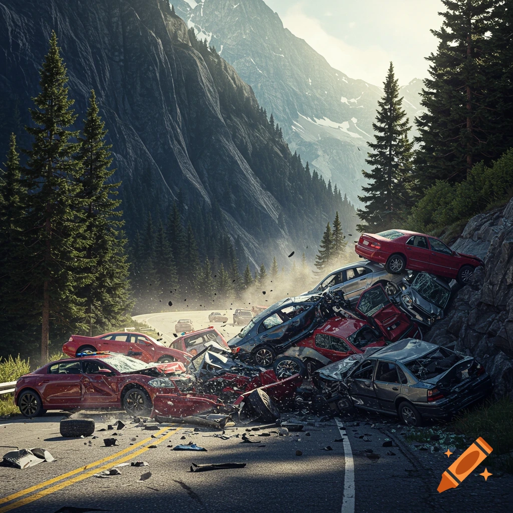 A large pile-up of crashed cars on a mountain road curve with debris.