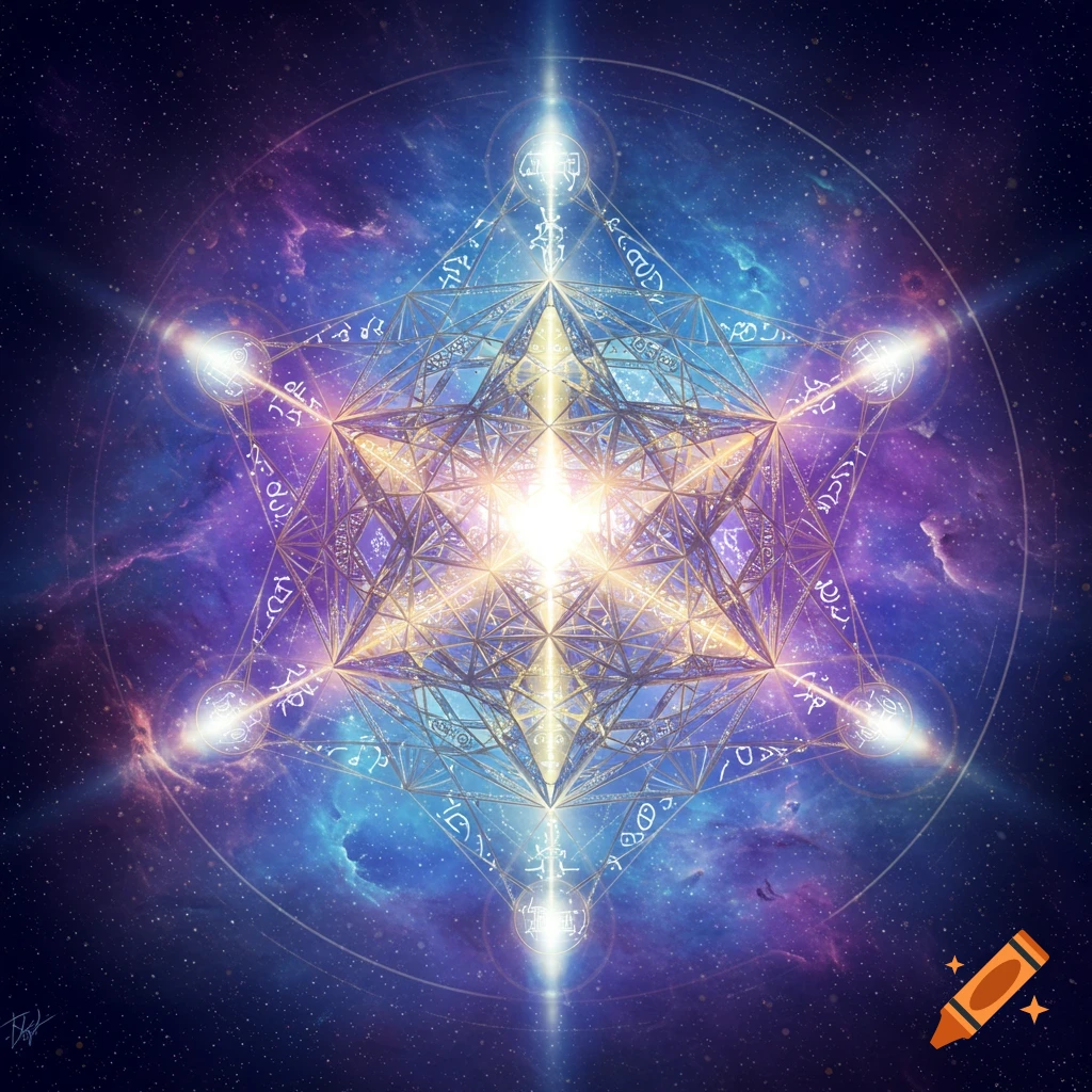 A glowing complex geometric shape with mystical symbols floats in deep space.