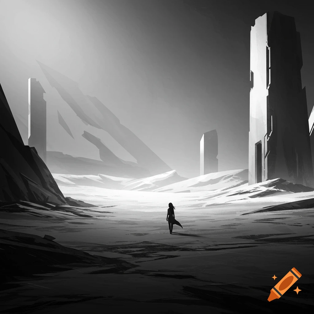 A lone figure stands in a desolate black and white landscape with large, angular structures.