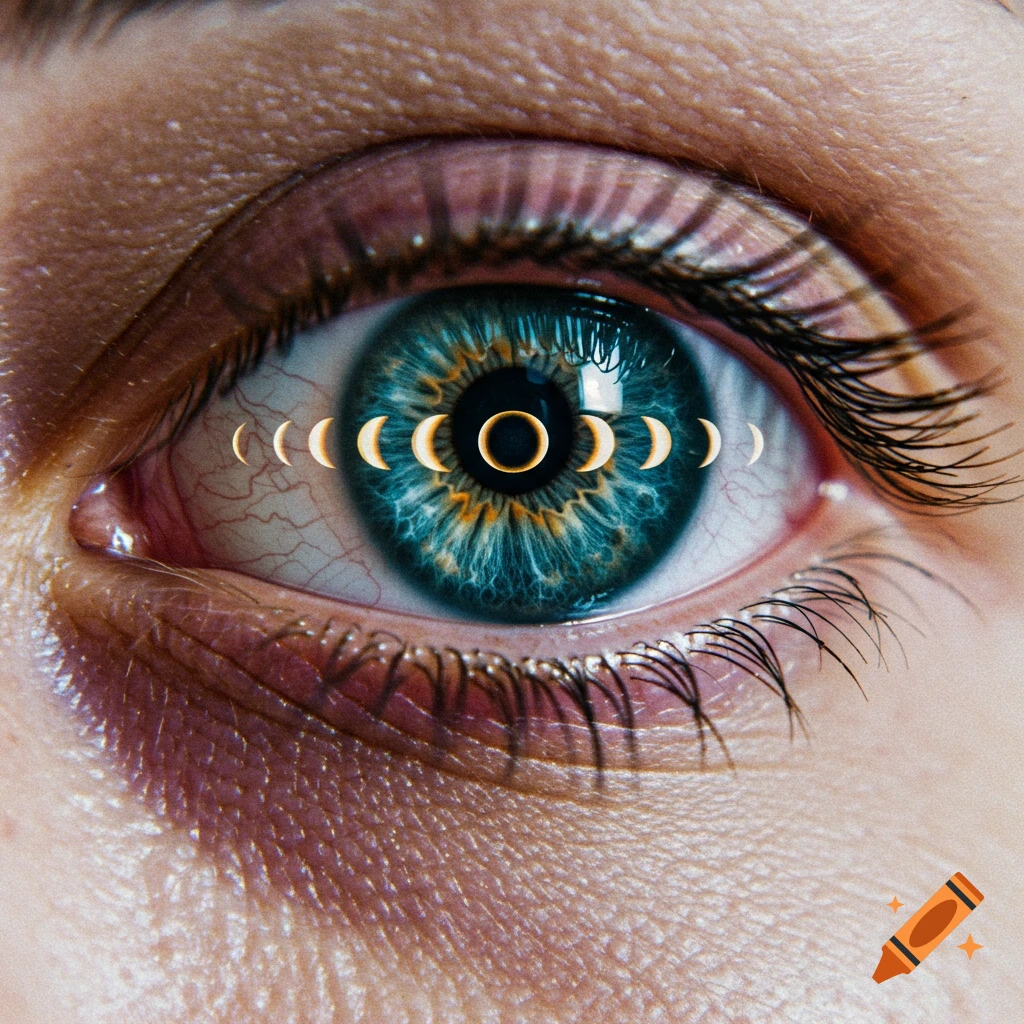 Close-up of a blue human eye with phases of the moon visible across the iris, in a surreal, slightly distorted style.