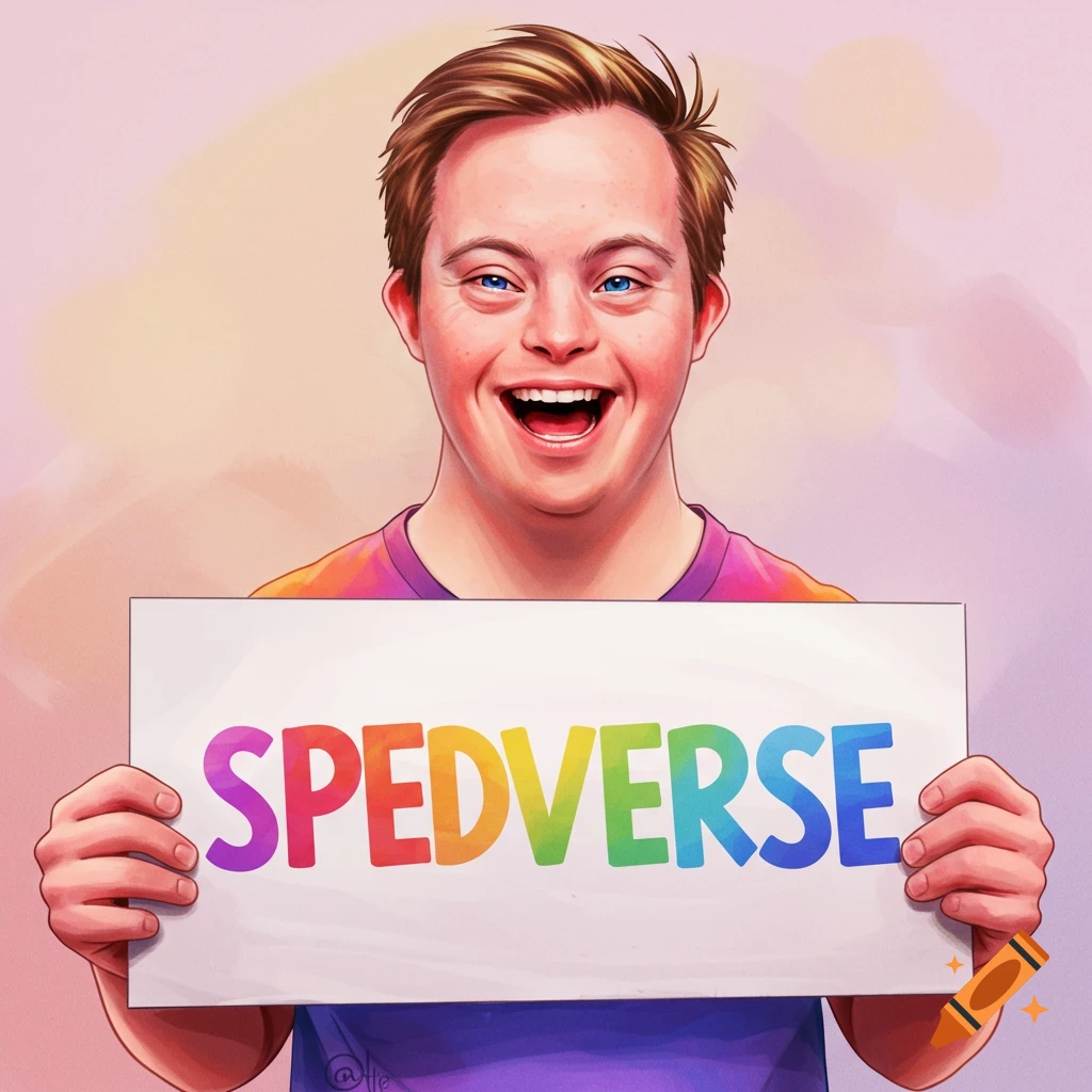 Illustration of a happy young man with Down Syndrome holding a sign that says SPEDVERSE