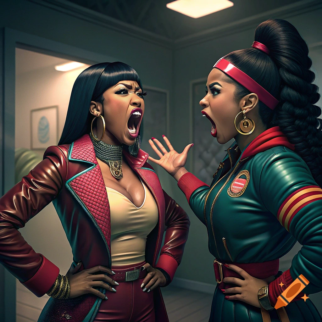 Two women, stylized with exaggerated features and makeup, yell aggressively at each other indoors.