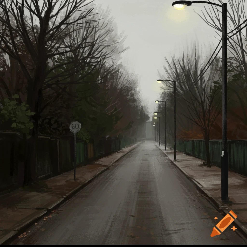 A painterly view down a damp, empty street lined with trees and lit streetlights on a foggy day.