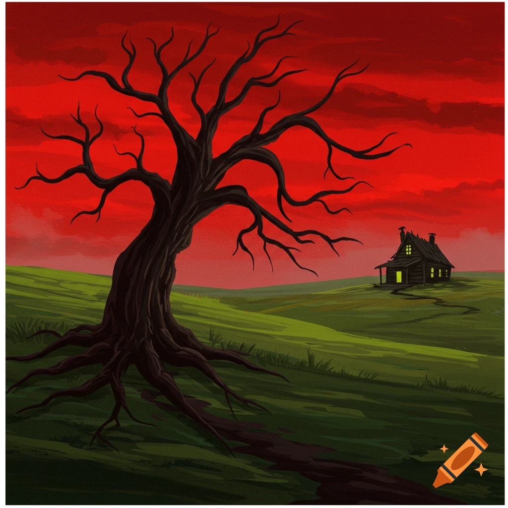 Illustration of a spooky landscape with a bare tree, red sky, and distant cabin.