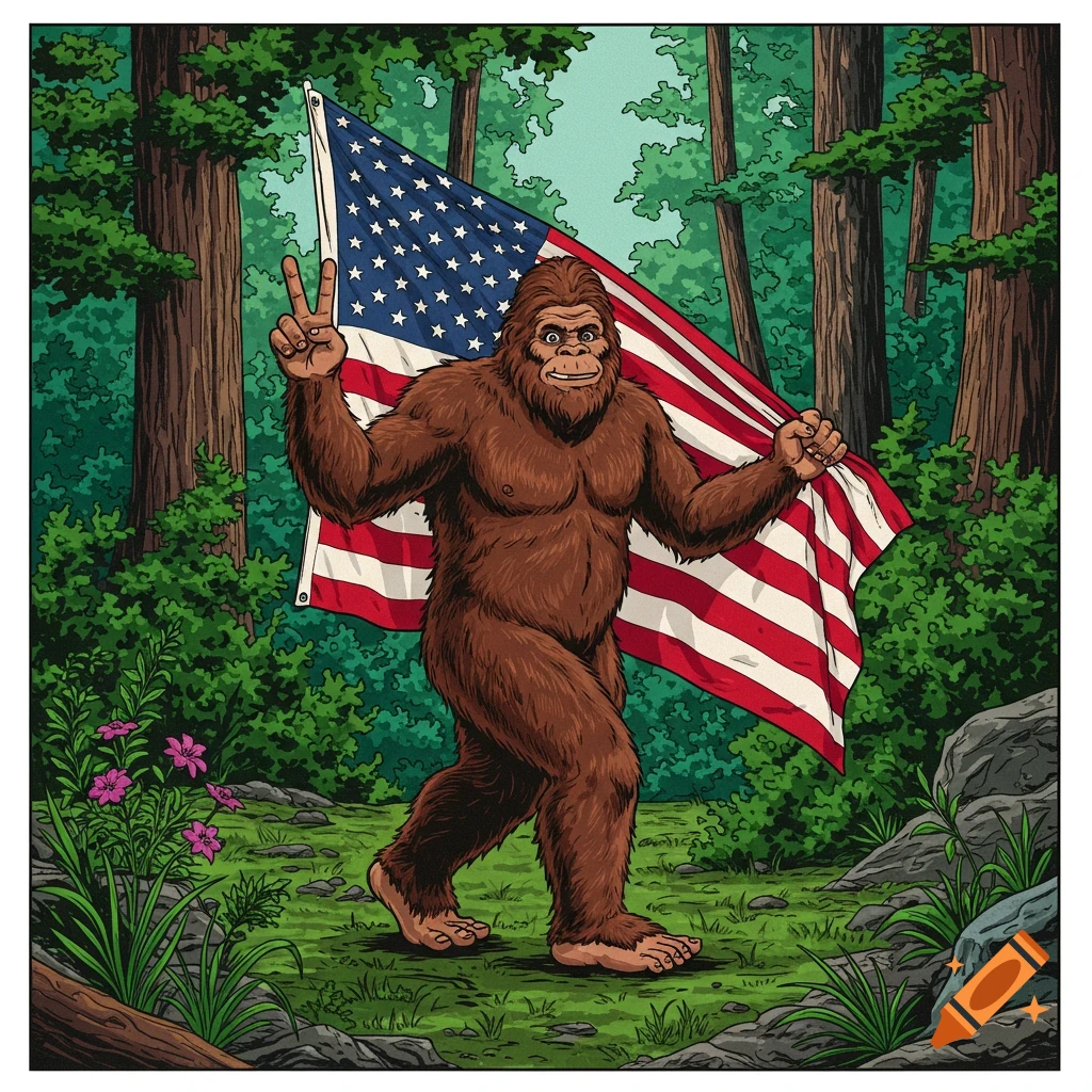 Cartoon Bigfoot walks in forest holding American flag, flashing peace sign