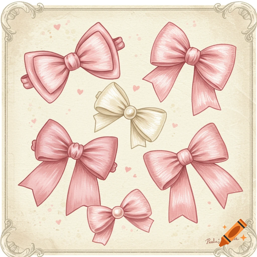 Illustration of multiple pink and white bows on a vintage background with hearts and dots.