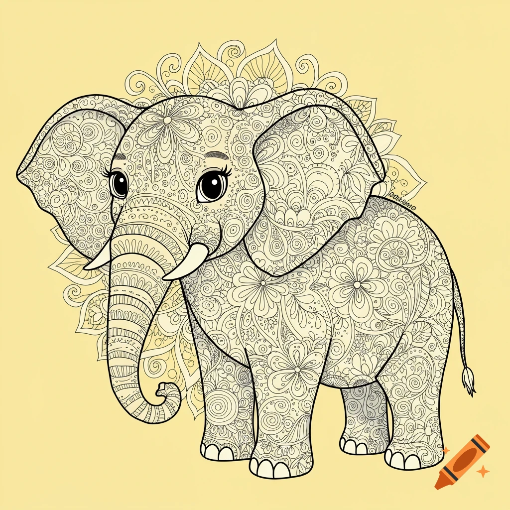 Cartoon elephant with intricate floral patterns against a yellow background, coloring page style