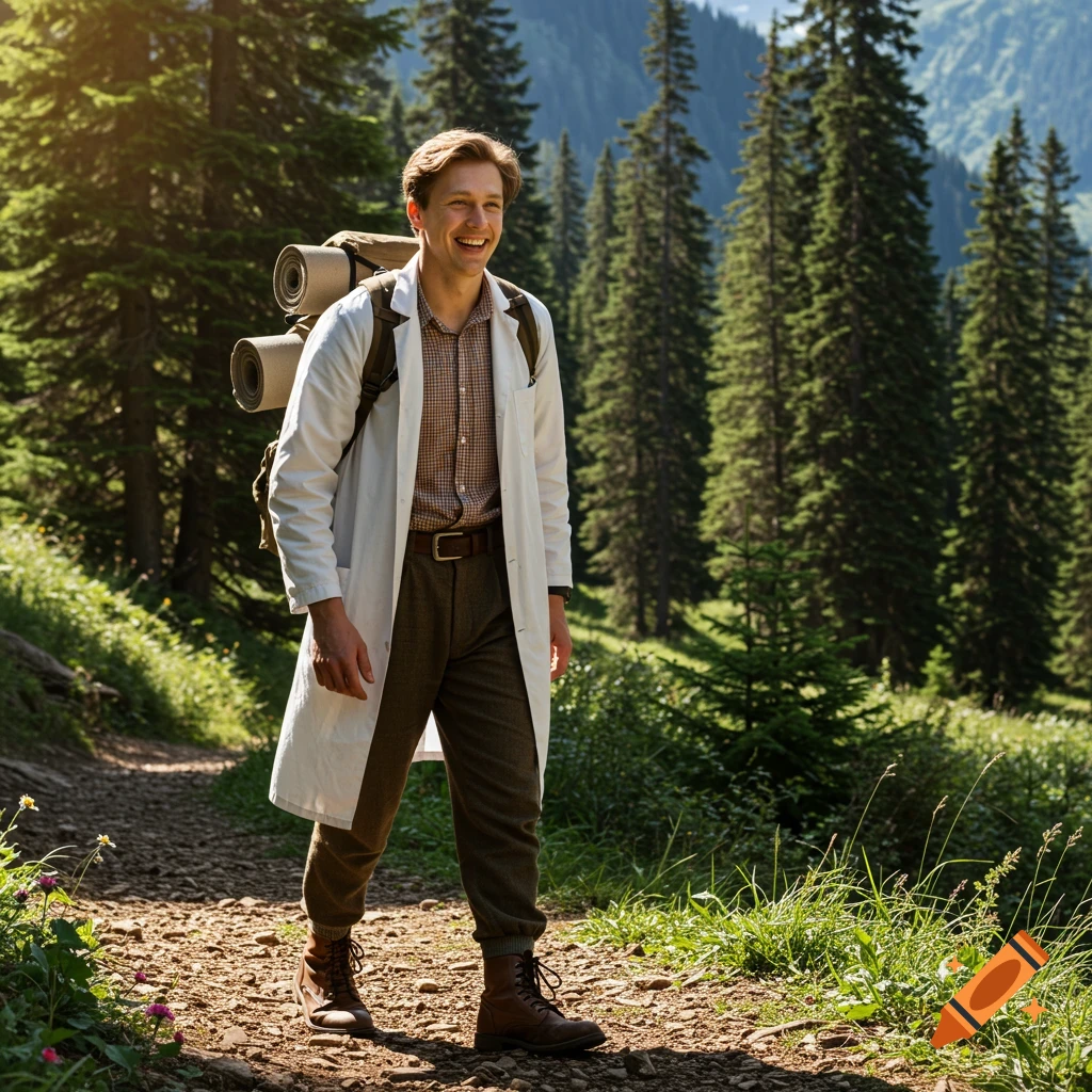 A man wearing a lab coat and backpack hikes on a sunny forest trail.