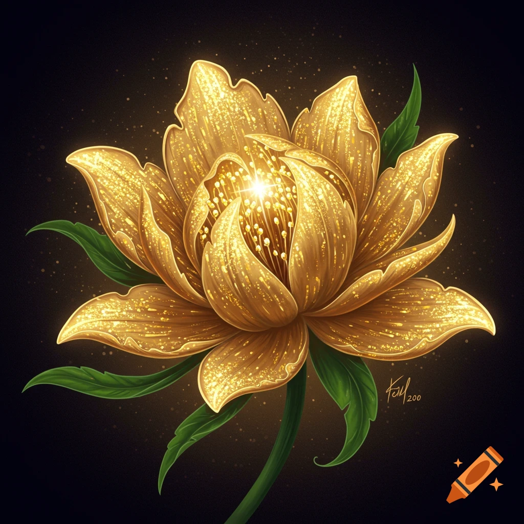 A glittering golden fantasy flower with green leaves on a dark background.