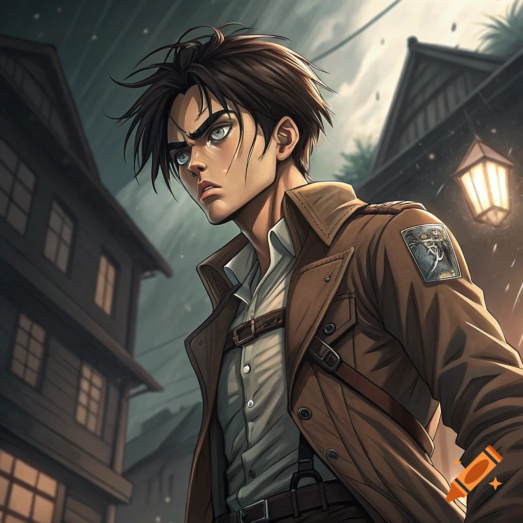 Anime style portrait of a young man in a brown jacket, looking determined, with buildings in the background.