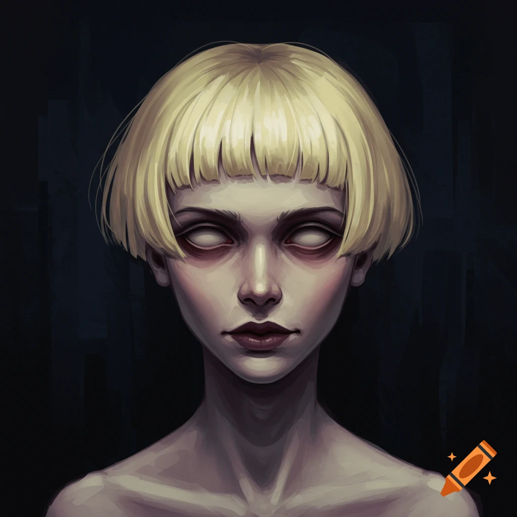 Stylized dark portrait of a person with short blonde hair, pale skin, red lips, and blank white eyes.