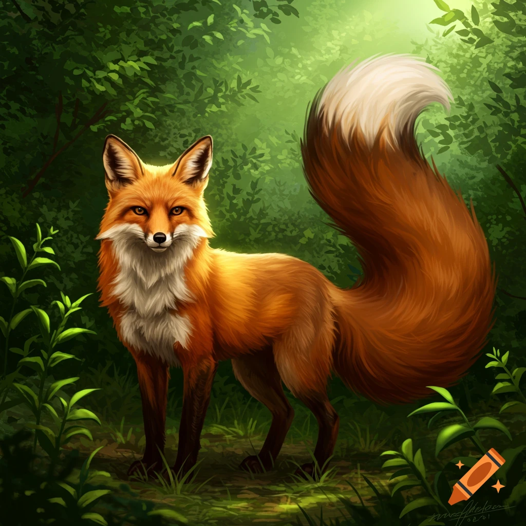 A red fox stands in a sunlit forest, showing off its bushy tail.