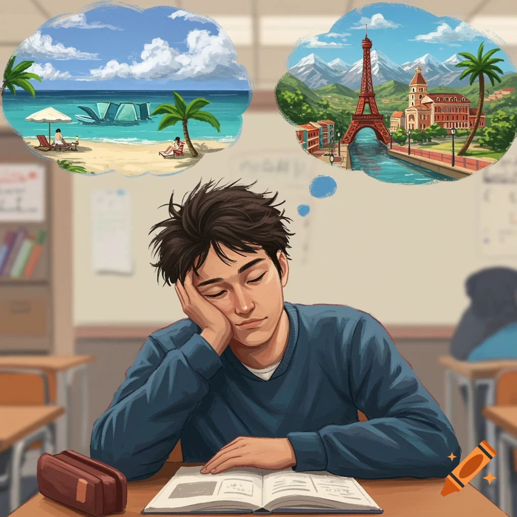 Young student rests head on desk, daydreaming of a beach and Paris