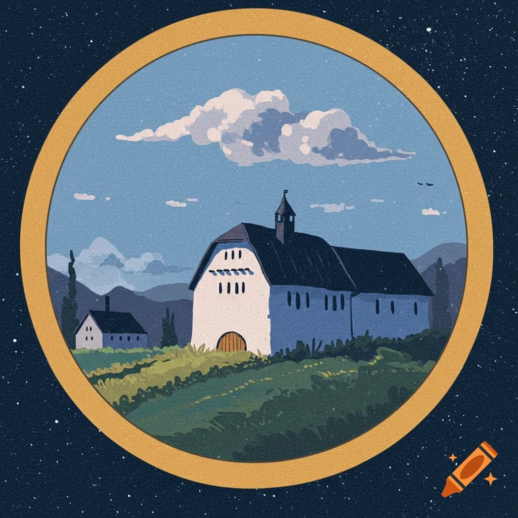 Illustration of a barn and house in a rural landscape under a starry sky, framed in a circle