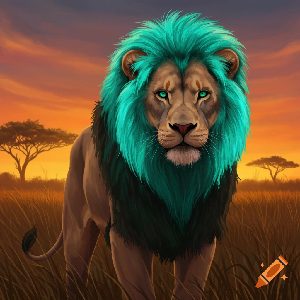 A lion with a vibrant teal mane stands in a savannah at sunset. Digital art.