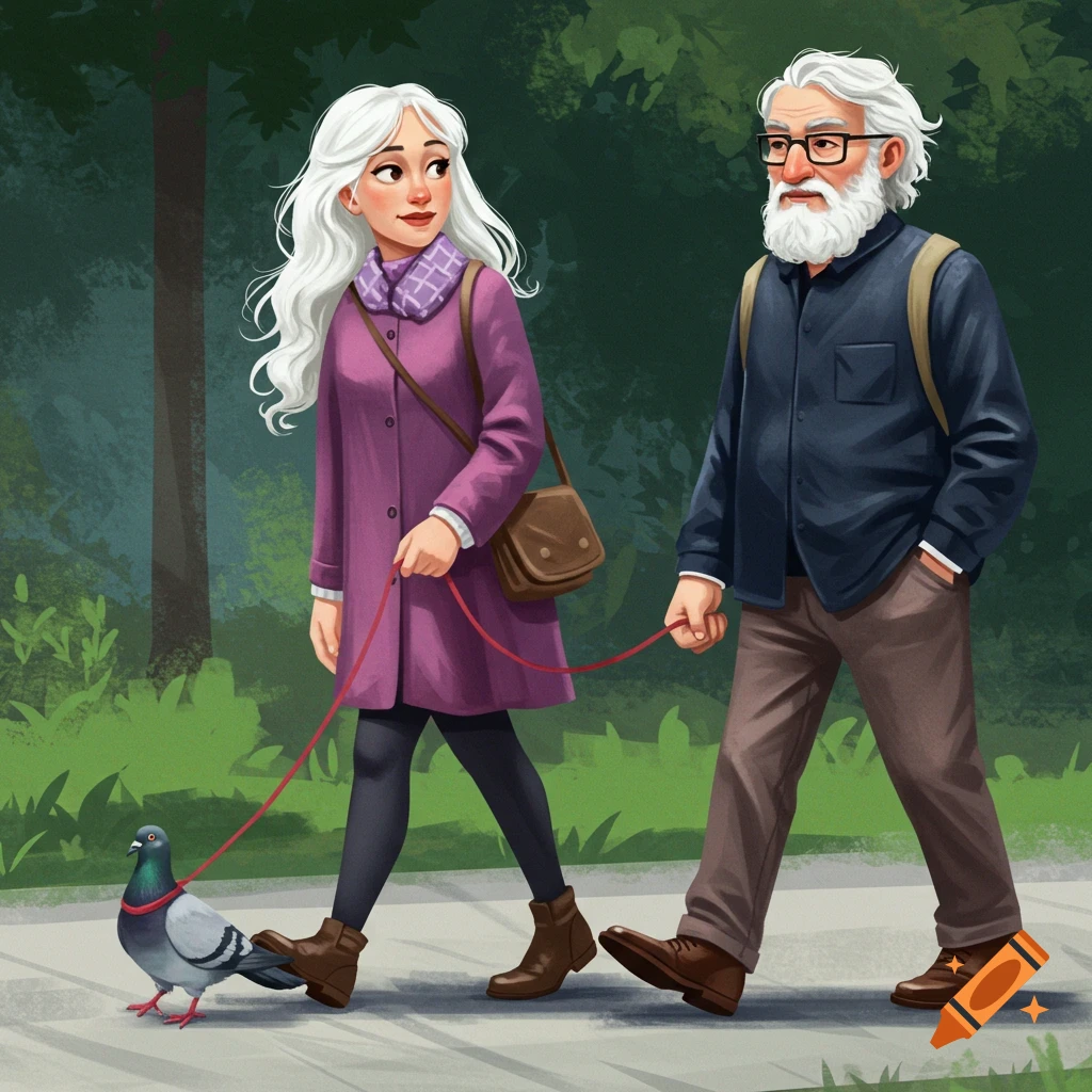 Illustration of a man and woman with white hair walking a pigeon on a leash in a park.