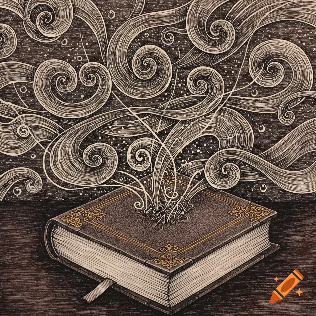 Pen and ink illustration of an ornate book with swirling lines coming out of it.