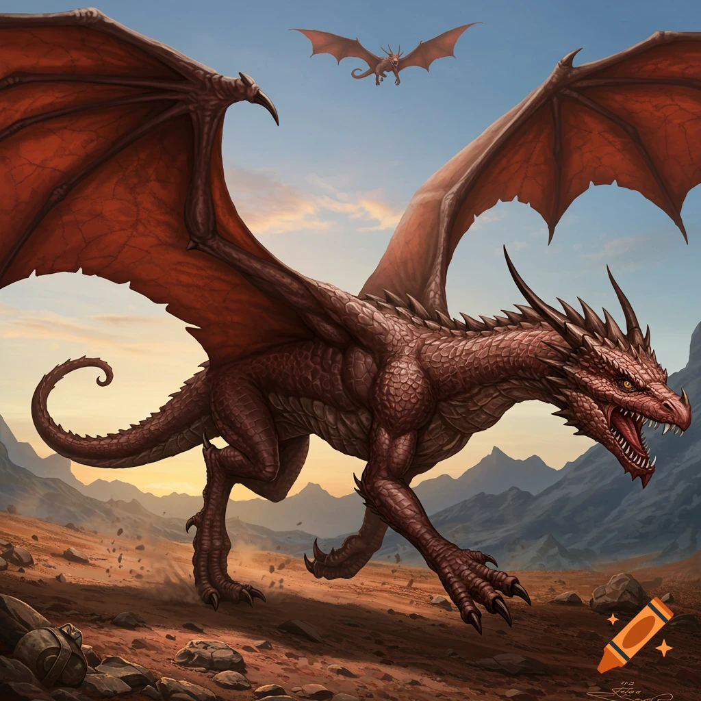 A large red dragon runs across a desert landscape with a smaller dragon flying overhead.
