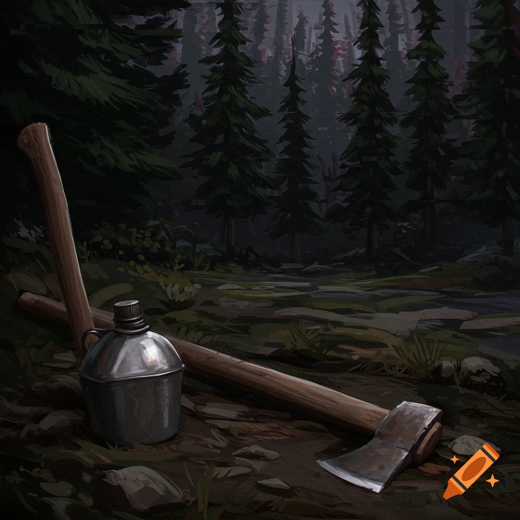 A metal canteen and axe lie on the ground in the foreground of a dark, stylized forest scene.