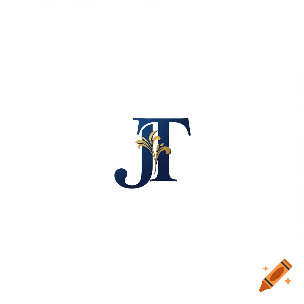 Blue and gold logo with letters JT and a flourish on white