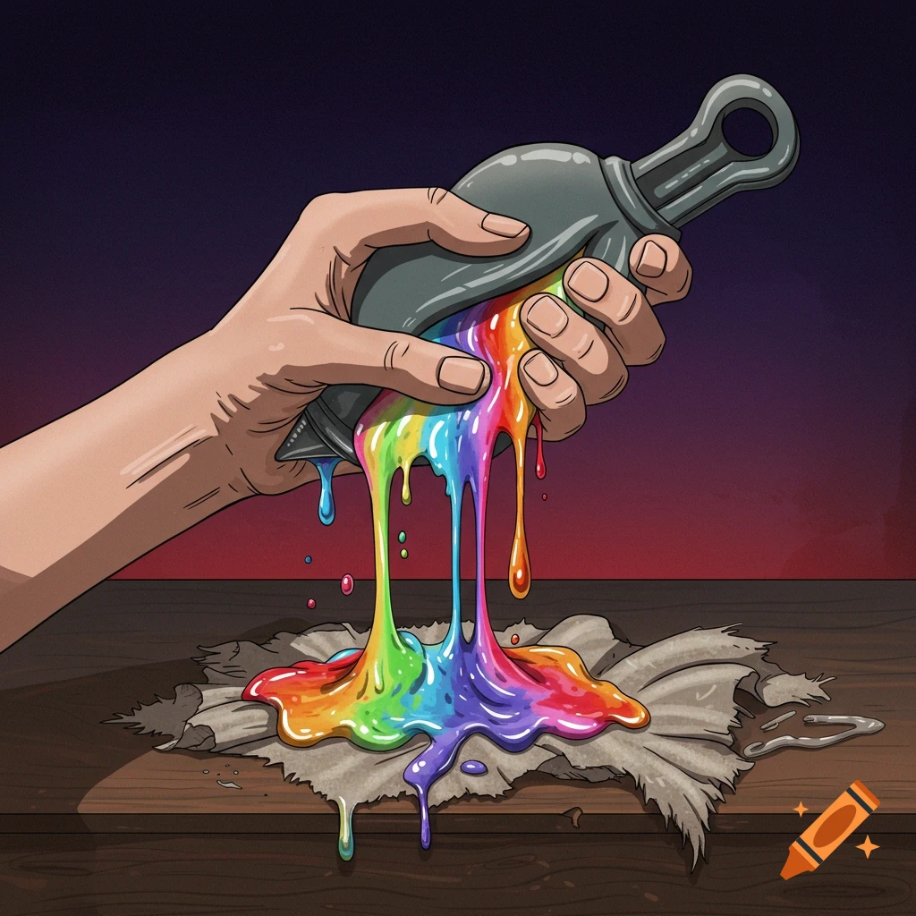 An illustration of a hand squeezing a dark bottle, dripping rainbow-colored slime onto a rag on a wooden table.