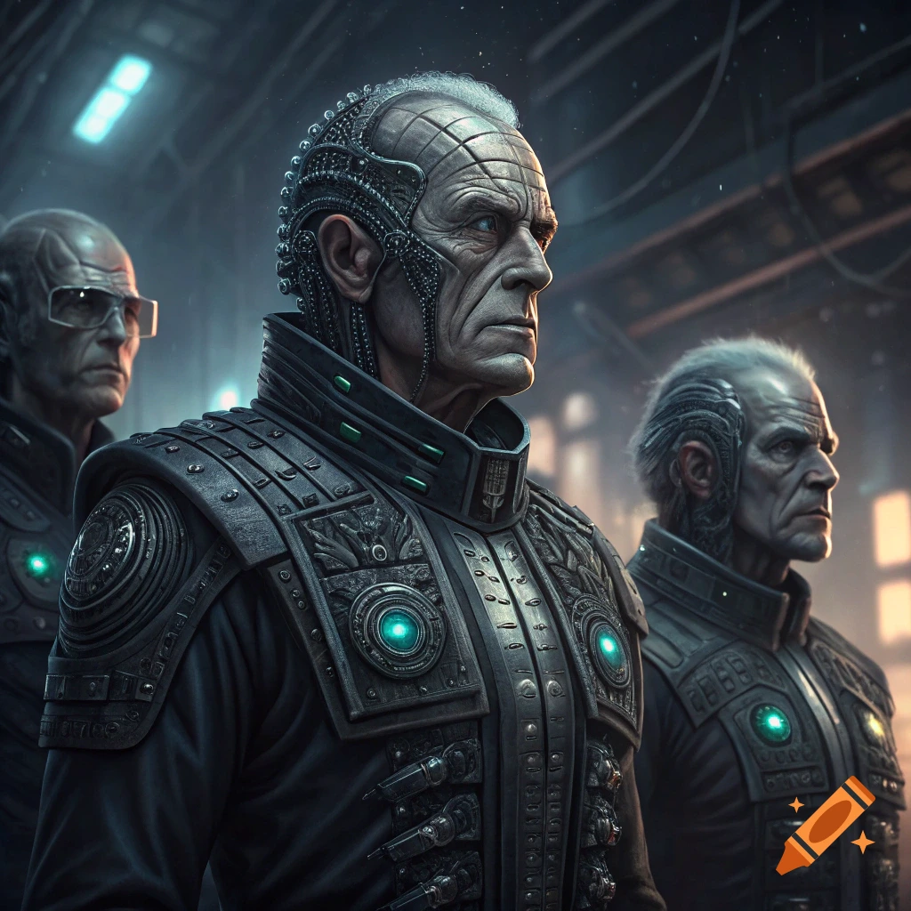 Three men in futuristic cyborg armour look forward in a sci-fi setting.