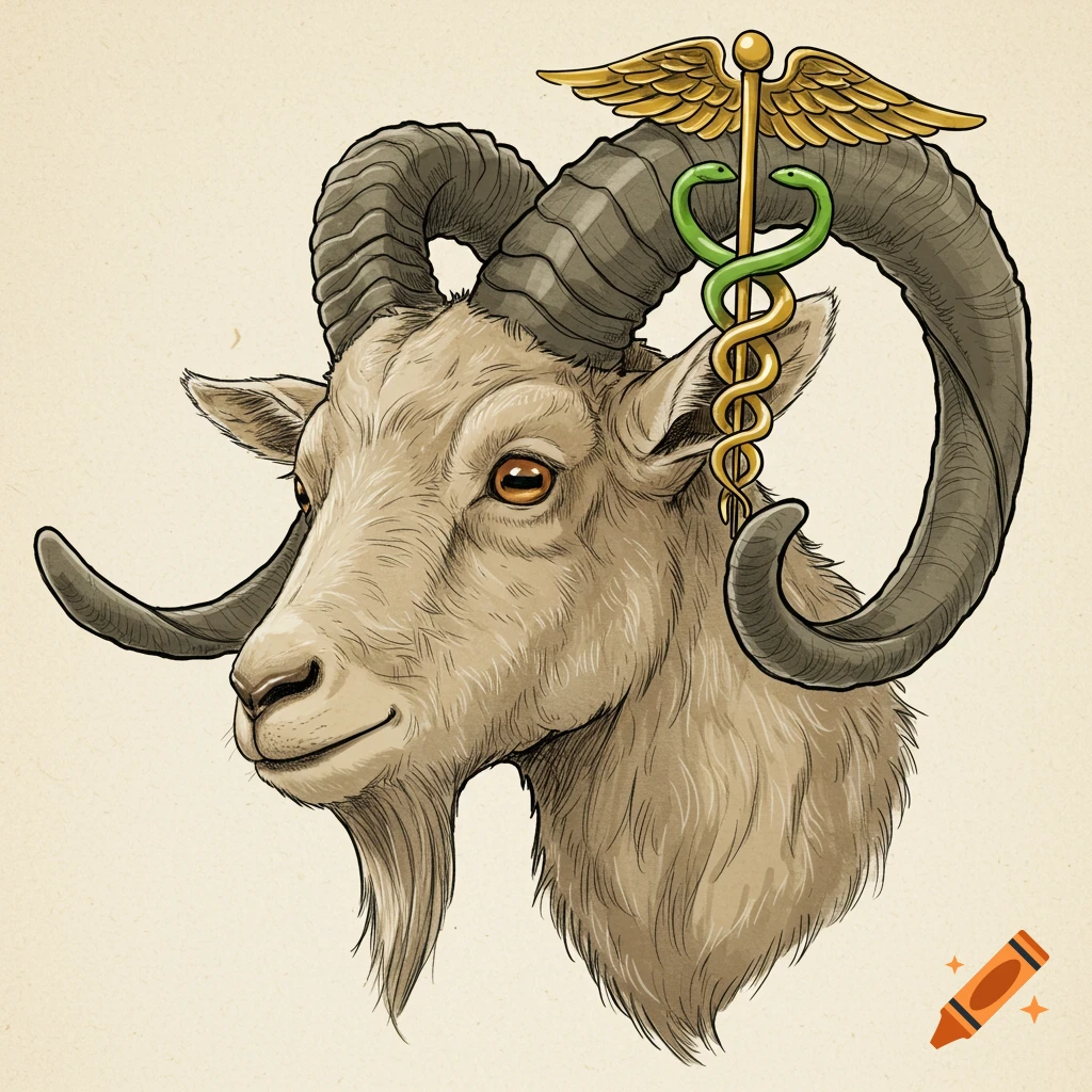Illustration of a goat head with a golden medical caduceus resting on its horn.