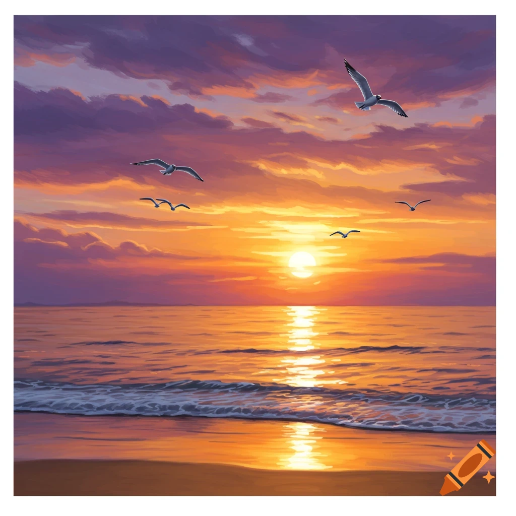 Painting of a vibrant sunset over the ocean with birds flying above a beach.