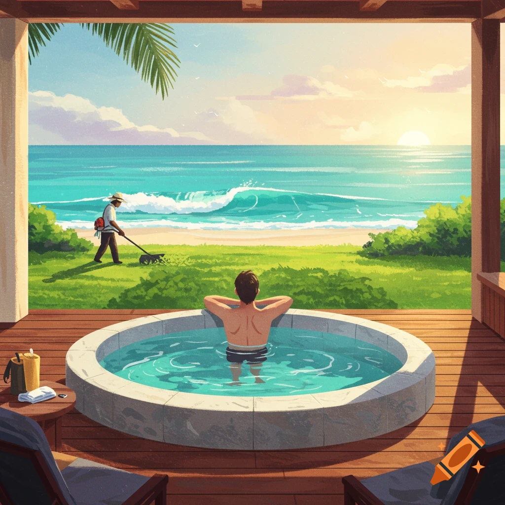 Man relaxing in a hot tub on a deck overlooking the ocean with someone mowing grass on the lawn. Stylized illustration.