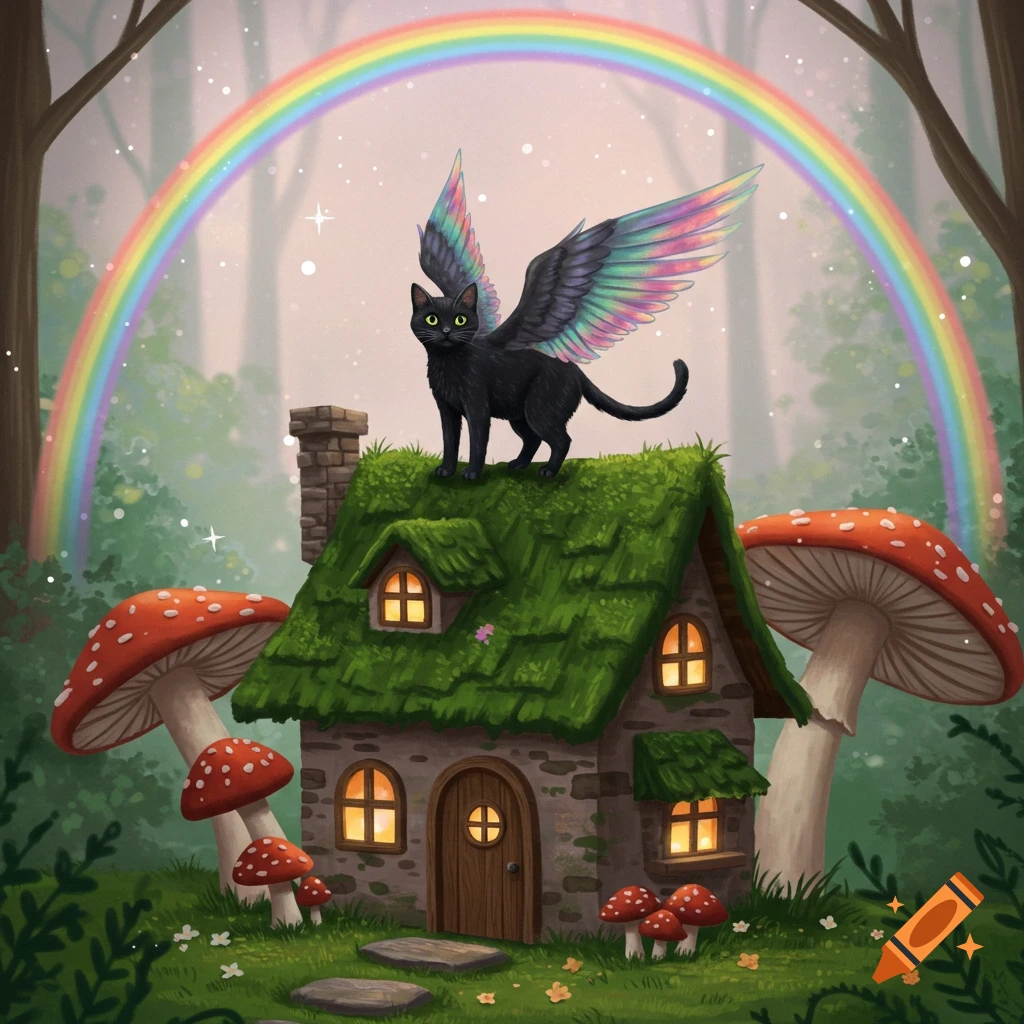 A black cat with rainbow wings sits on a mushroom cottage roof under a rainbow in a fantasy forest.