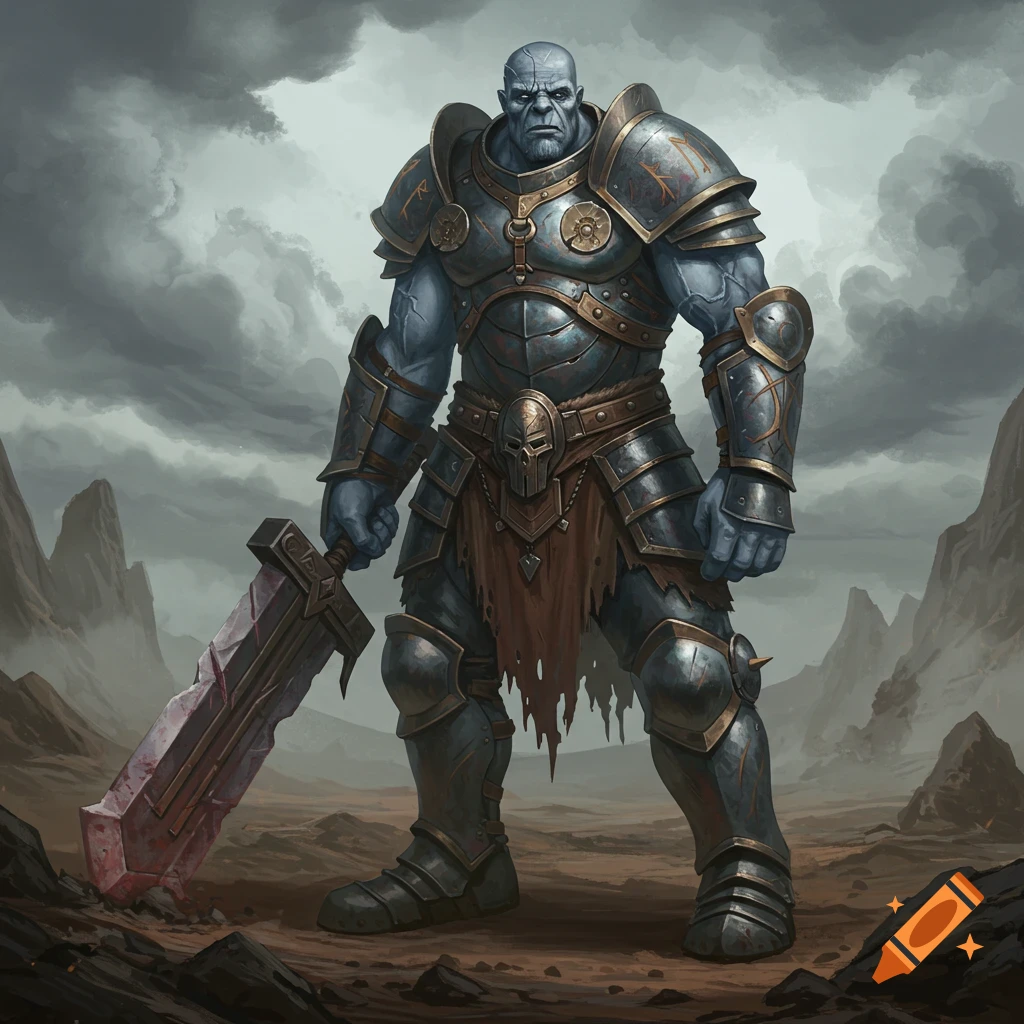 Illustration of a muscular grey-blue giant in ornate armor holding a large sword, standing in a desolate, cloudy landscape.