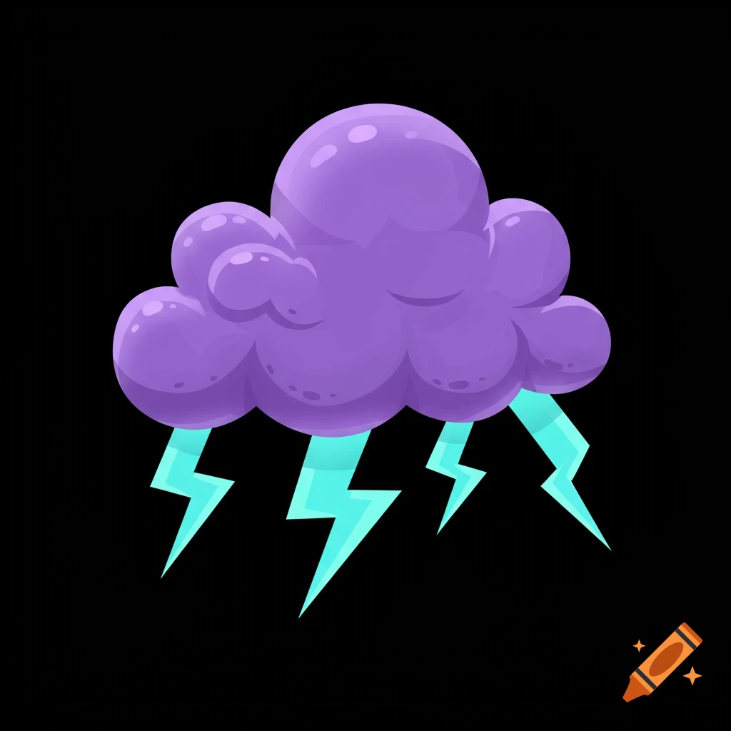 A cartoon purple cloud with aqua lightning bolts on a black background.