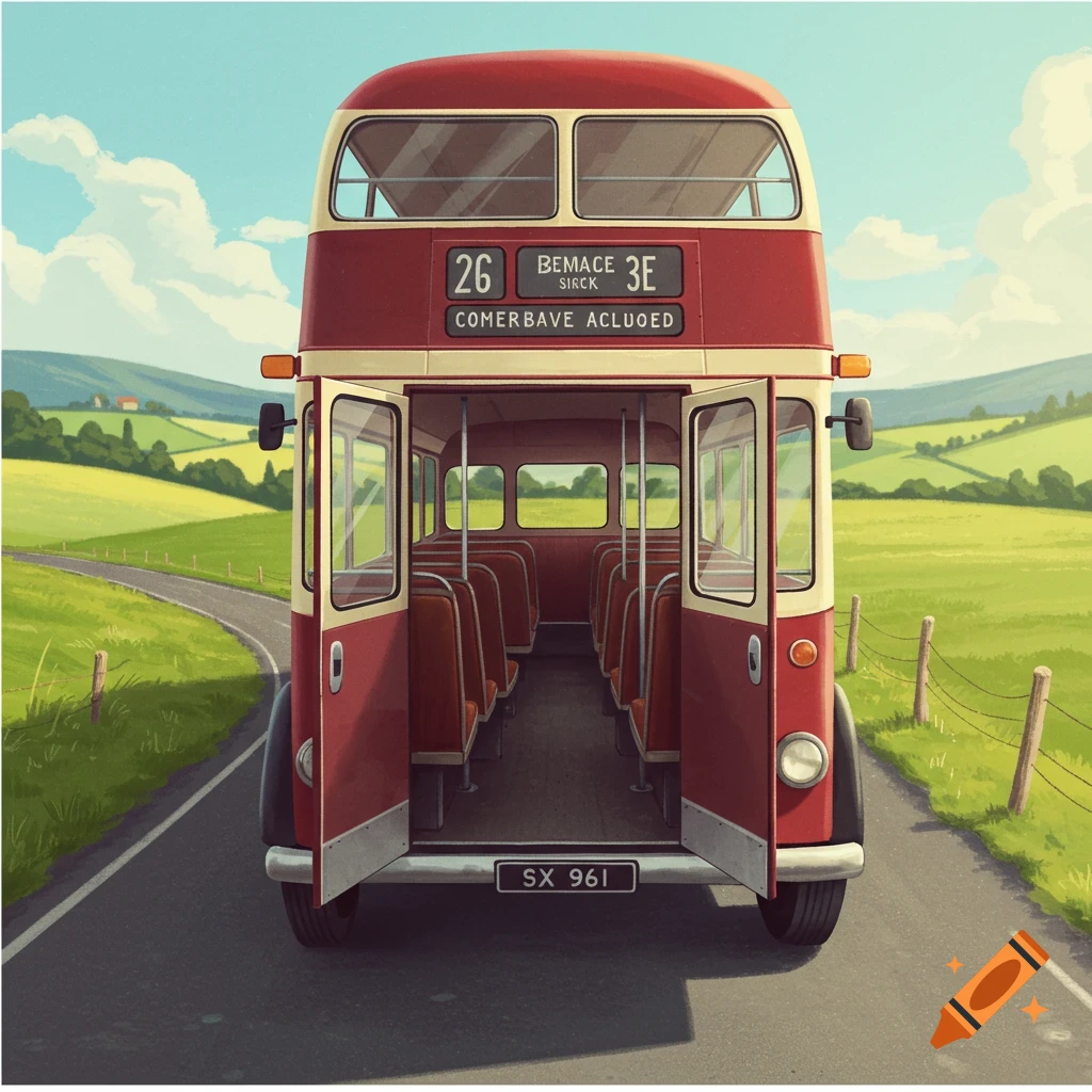 An illustrative image of a red double-decker bus with open doors on a road in a green, hilly countryside.