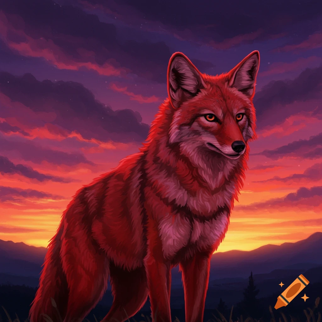 A vibrant red coyote stands in grass against a dramatic purple and orange sunset landscape.
