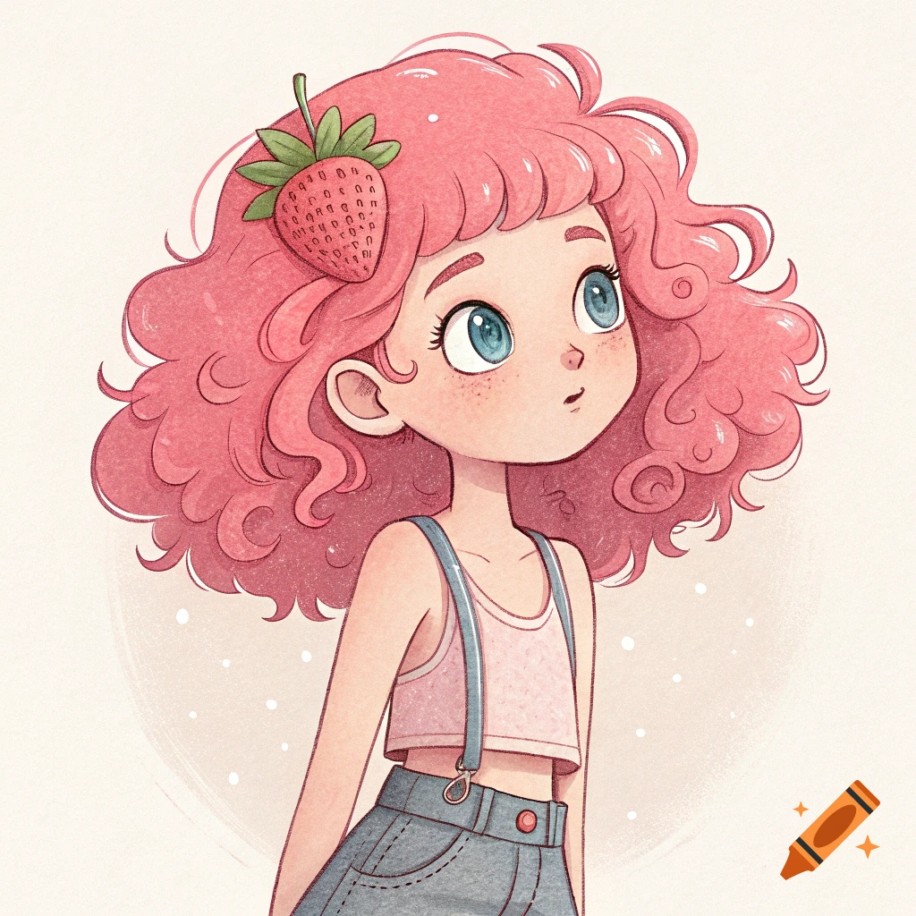 A cute cartoon girl with pink curly hair, blue eyes, a strawberry clip, pink crop top, and denim overalls.