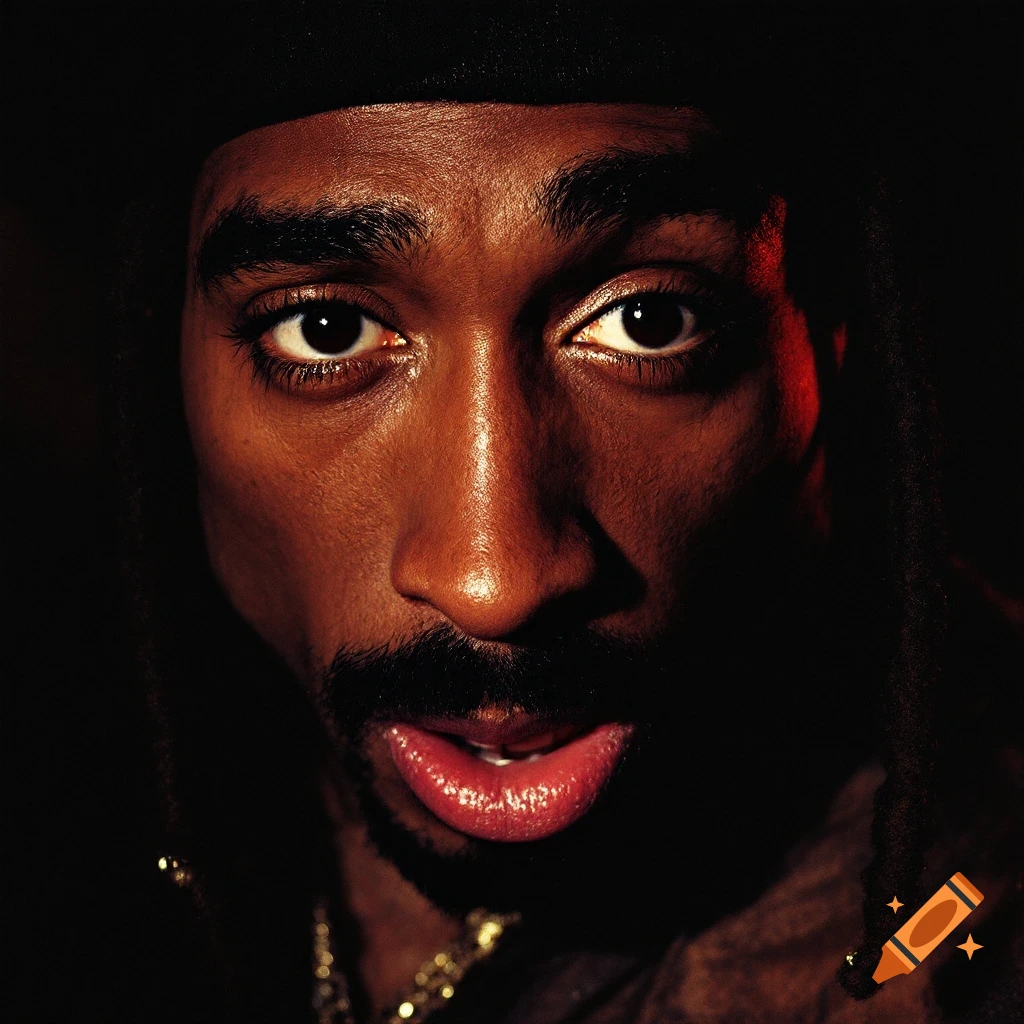 Dramatic close-up portrait of a man resembling Tupac Shakur with intense lighting.