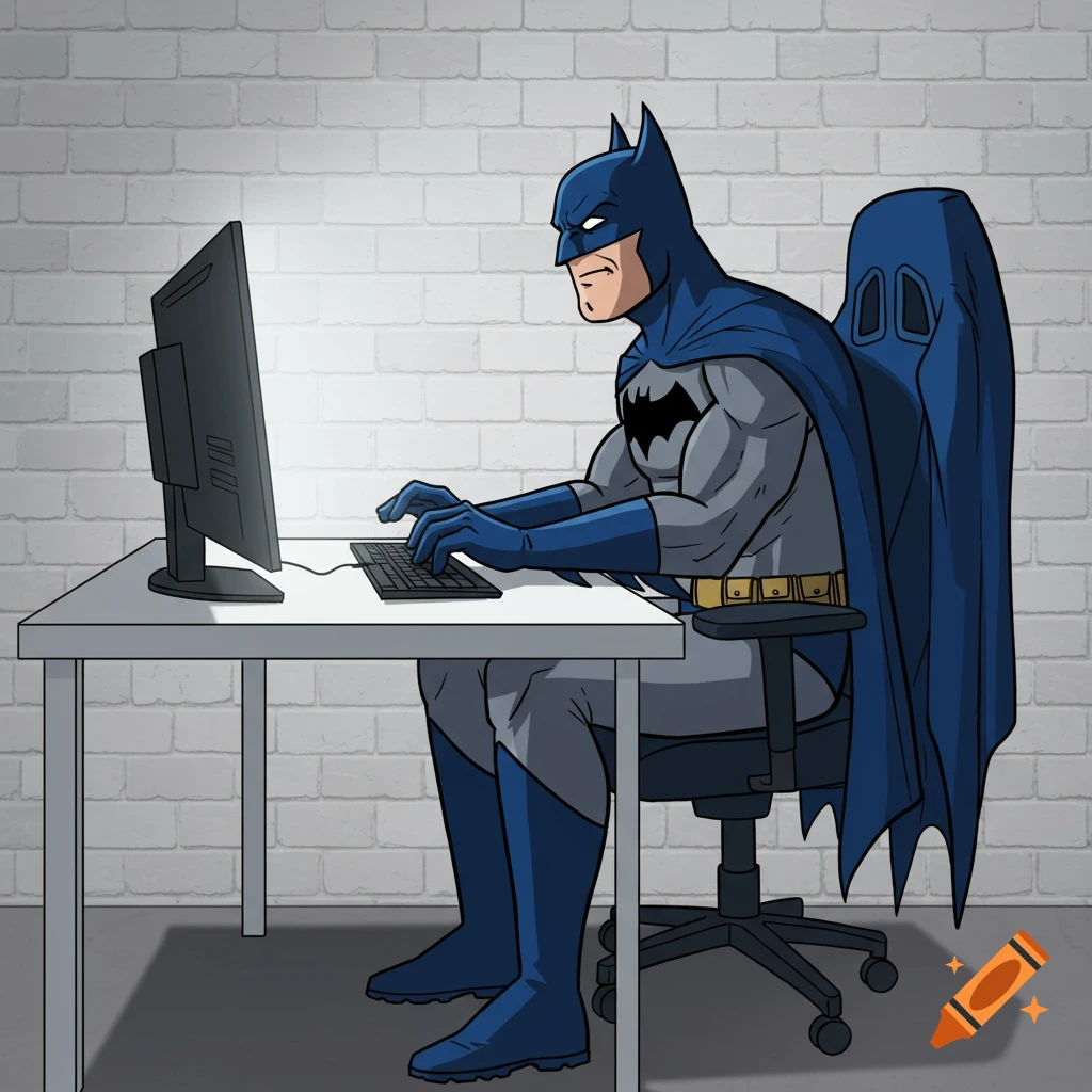 Cartoon illustration of Batman sitting at a desk, typing on a keyboard in front of a computer screen, against a white brick wall.