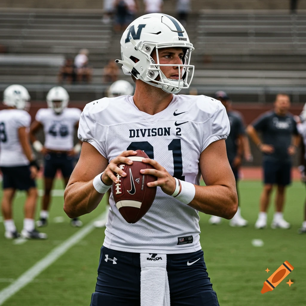 Photorealistic image of a college football player in uniform holding a football on a field.