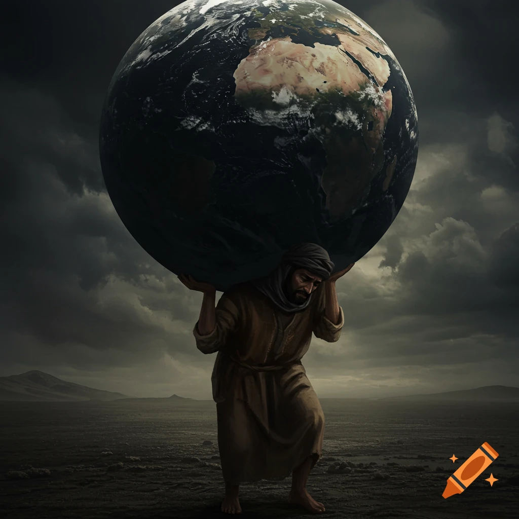 A man carries a large globe of the Earth on his shoulders under a dramatic, stormy sky.