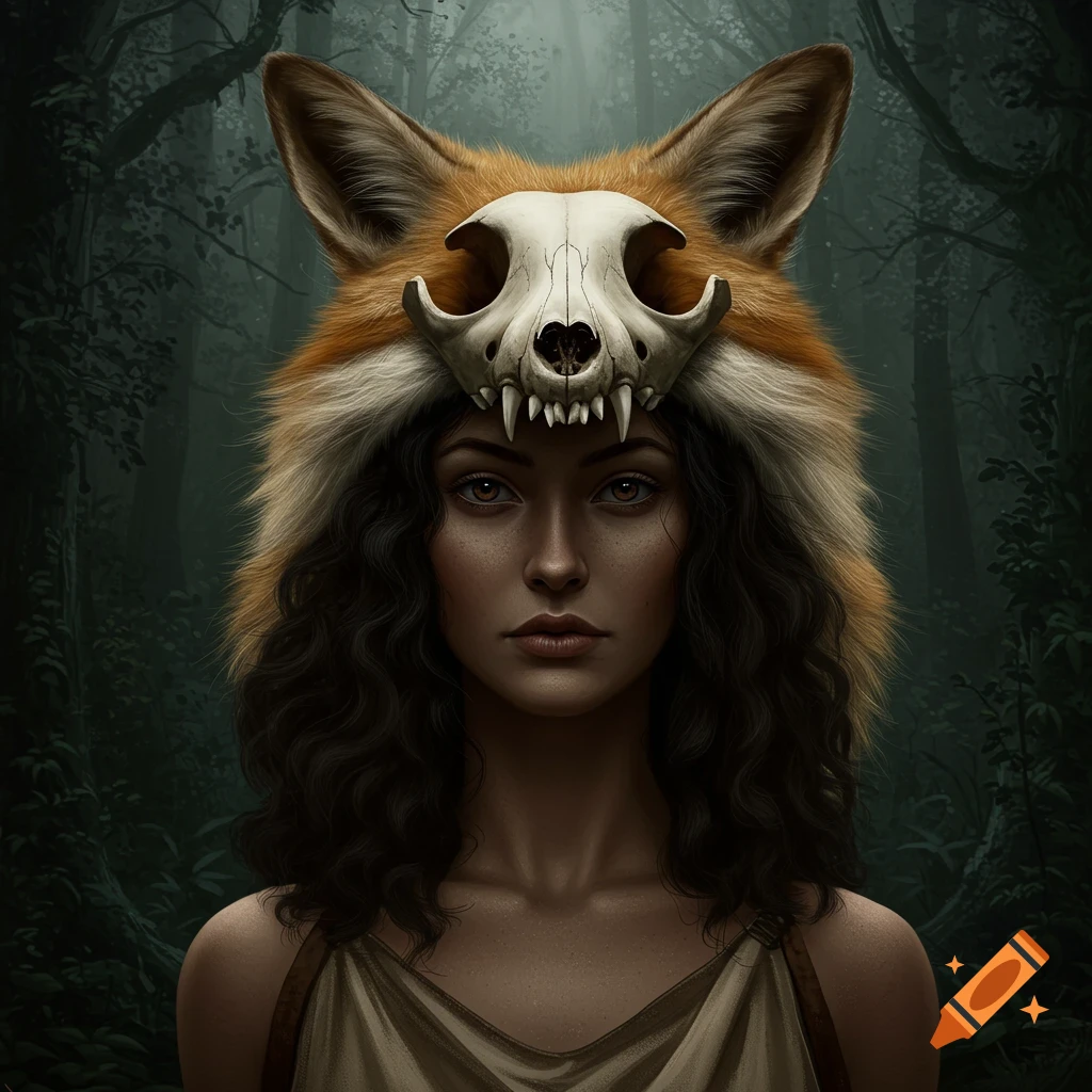 A woman wears a fox skull and fur headdress in a dark forest.
